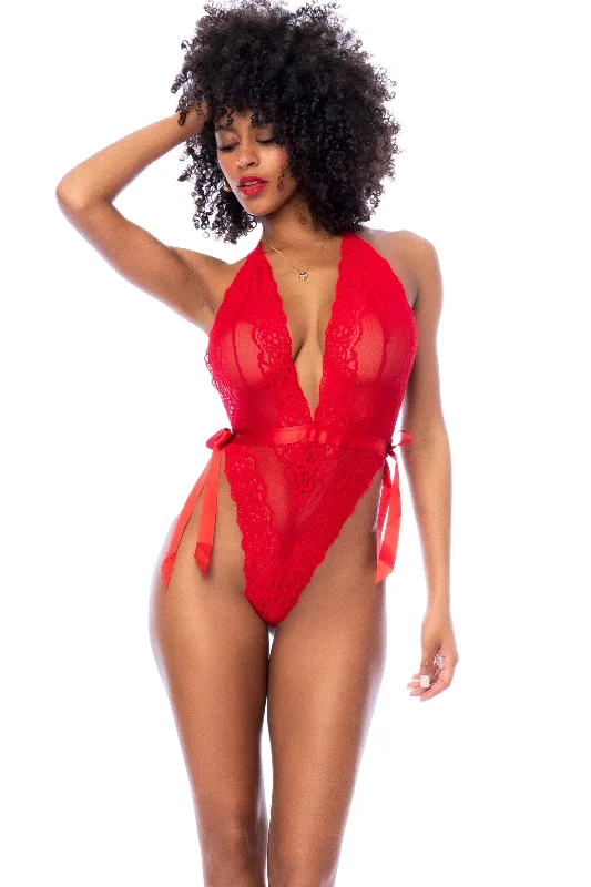 High Cut Bodysuit with Side Satin Bow Ties