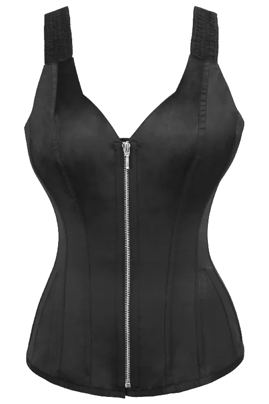 Black Satin Overbust Corset with Shoulder Straps and Zip