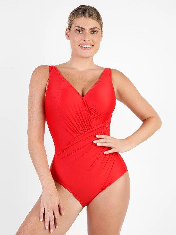 Shapewear Deep V-Neck Ruched Tummy Control One-Piece Swimsuit