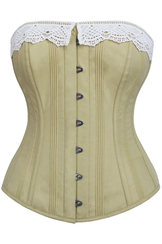 Historically Inspired Taupe Green Longline Corset with Lace Trim