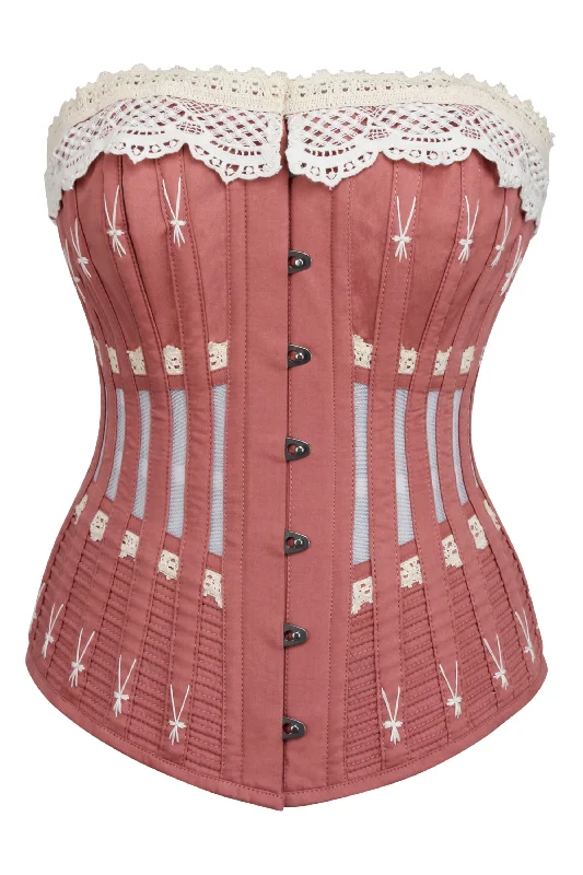 Historically Inspired Terracotta Longline Corset with Lace and Ribbing