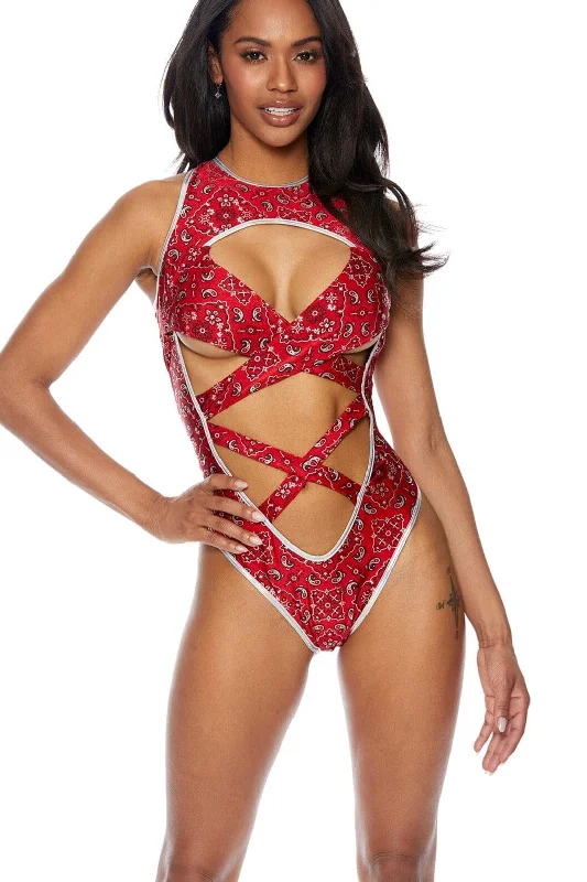 Paisley Bandana Criss Cross Swimwear Bodysuit with Deep Plunge