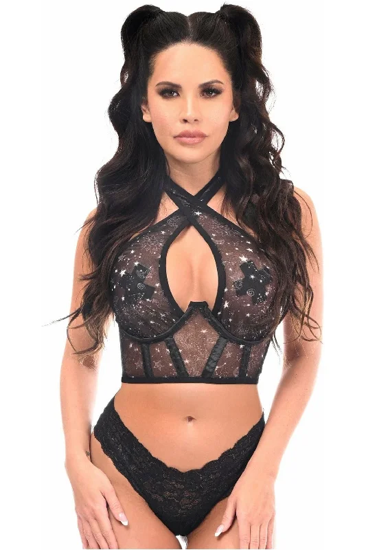 Lavish Celestial Print Mesh Underwire Cincher w/Built In Halter Top