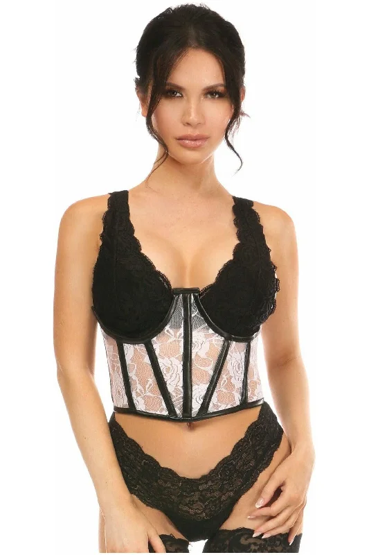 Lavish Sheer White Lace & Faux Leather Open Cup Waist Cincher