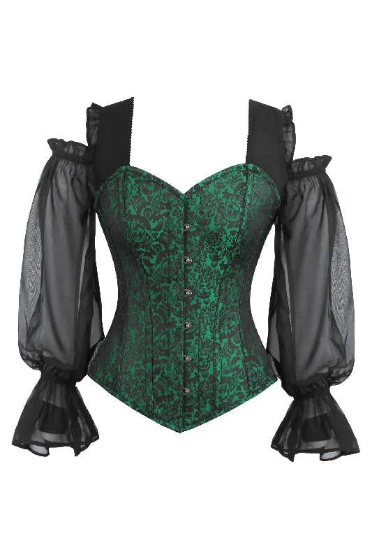 Long sleeve Green and Black Brocade Corset Top with Chiffon Sleeves