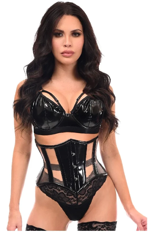 Top Drawer Black Patent & Nude Mesh Steel Boned Mini Cincher Under Bust Corset