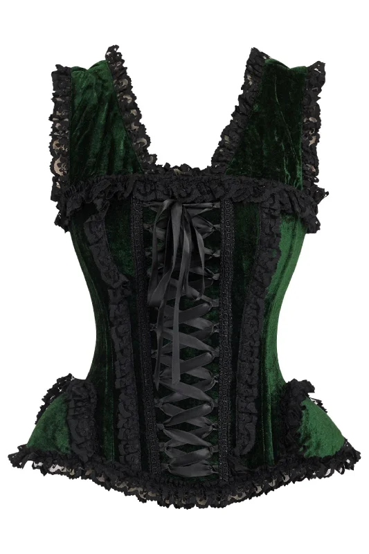 Top Drawer Dark Green Velvet & Lace Steel Boned Corset w/Cap Sleeves