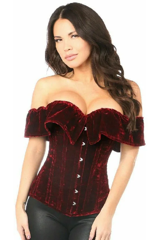 Top Drawer Dark Red Velvet Off-The-Shoulder Steel Boned Corset