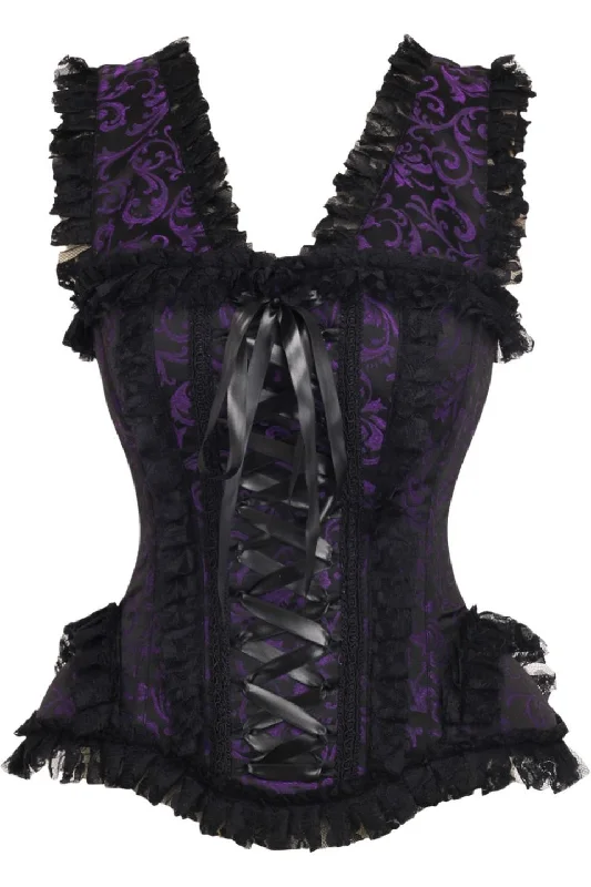 Top Drawer Purple/Black Swirl Brocade & Lace Steel Boned Corset w/Cap Sleeves