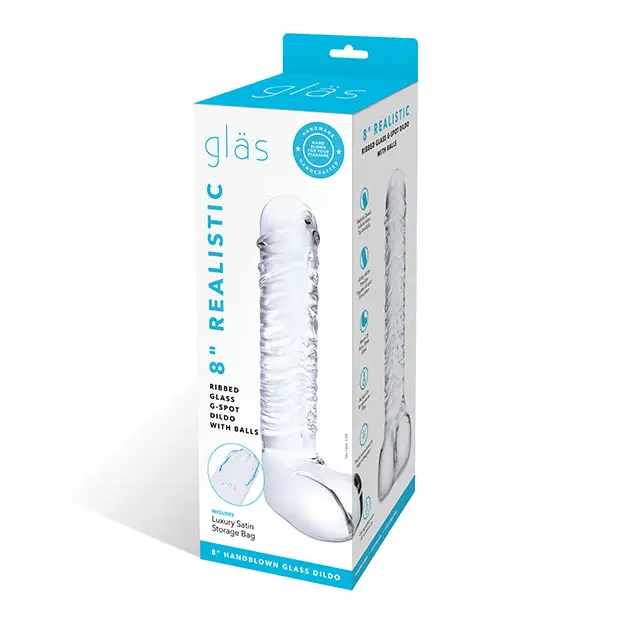 Glas 8 in. Realistic Ribbed Glass G-Spot Dildo with Balls