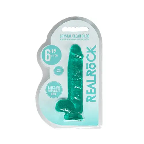 RealRock Crystal Clear Realistic 6 in. Dildo With Balls and Suction Cup Turquoise