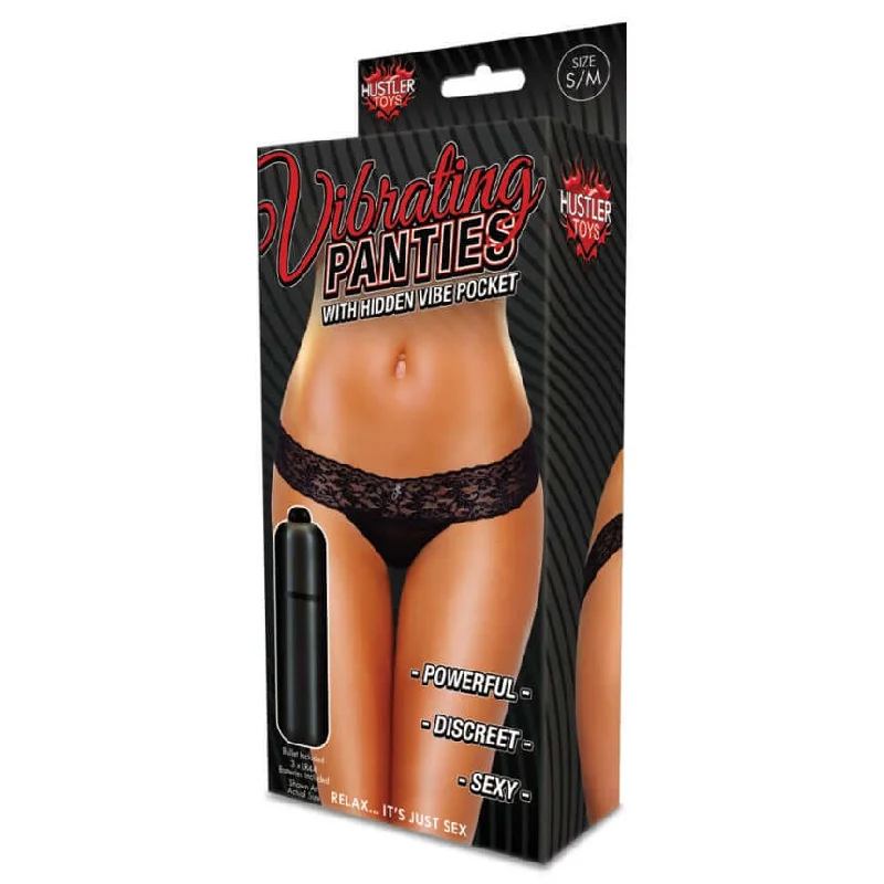 Hustler Toys Vibrating Lace Thong Panty Black Medium Large