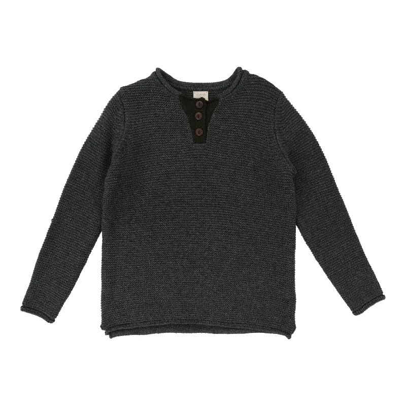 Analogie Contrast Placket Long Sleeve Sweater - Gray/Olive