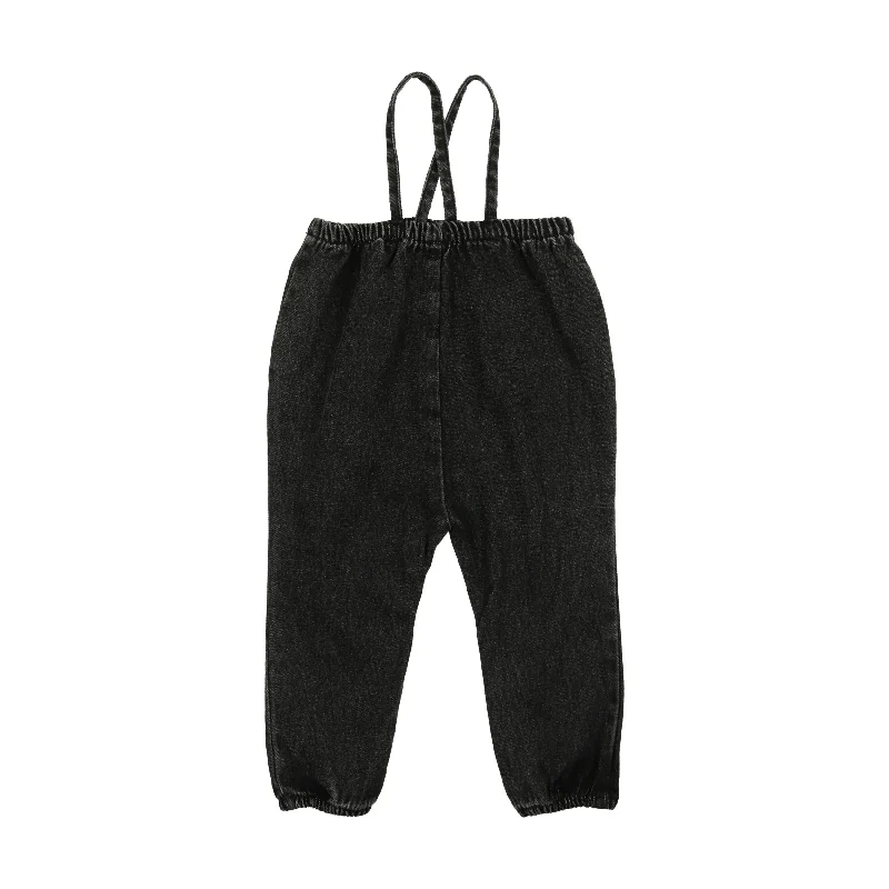 Analogie Denim Bow Suspender Romper - Black Denim