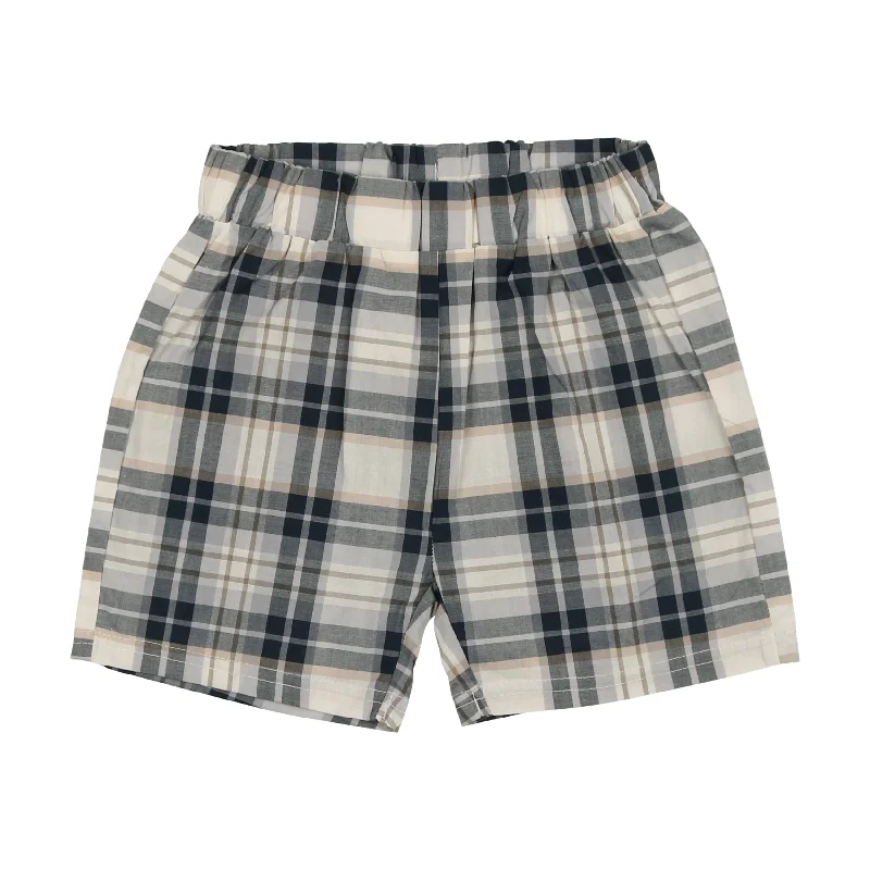 Analogie Linen Pull On Shorts - Navy Plaid