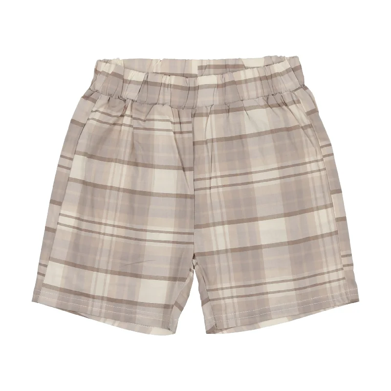 Analogie Linen Pull On Shorts - Taupe Plaid